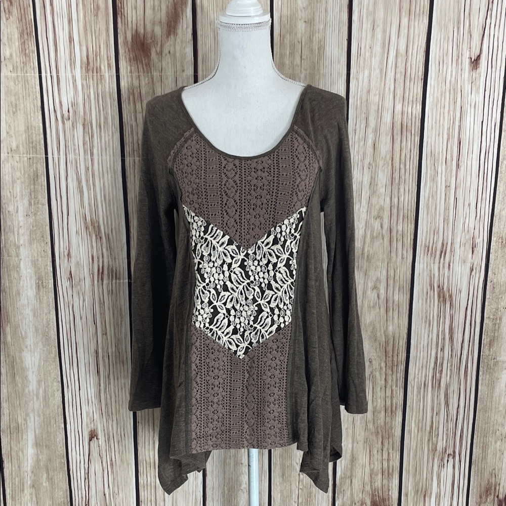 *A'Reve Flowy Tunic Light Brown Knit Top with Cream Floral Crochet Lace Accents